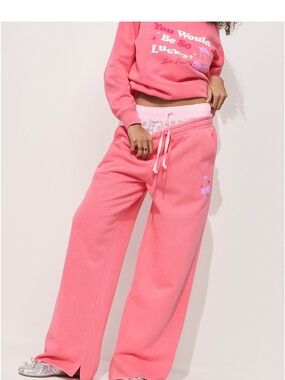PINK Victoria's Secret Coral-Pink Wide-Leg Track Joggers